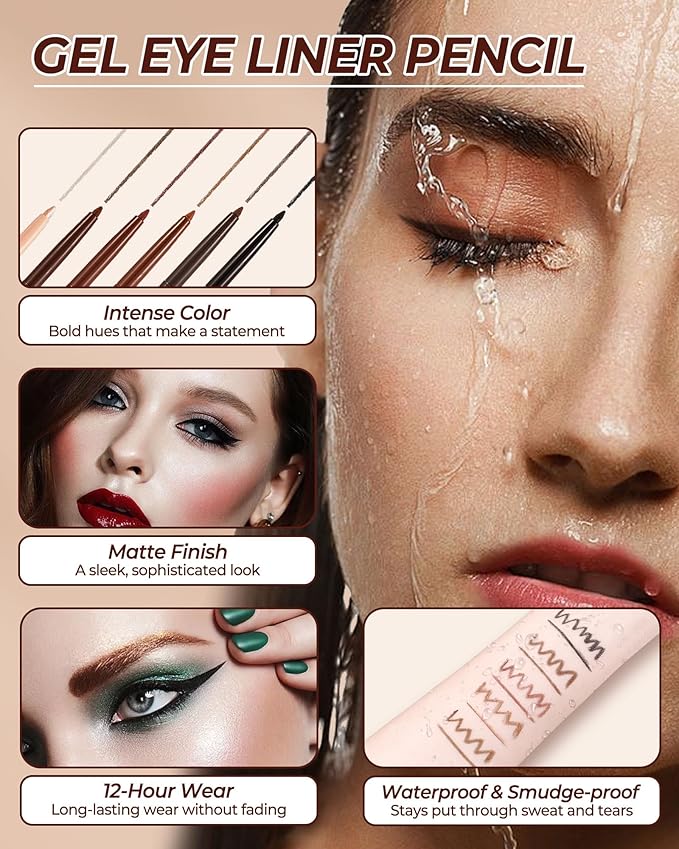 Dark Brown Eyeliner Pencil Retractable Gel Eye Liner Pencils Built in Sharpener Waterproof Smudge proof Waterline Eye Liner Pencil Smooth Creamy Texture With 1 Eyeliner Stencil Makeup Tool