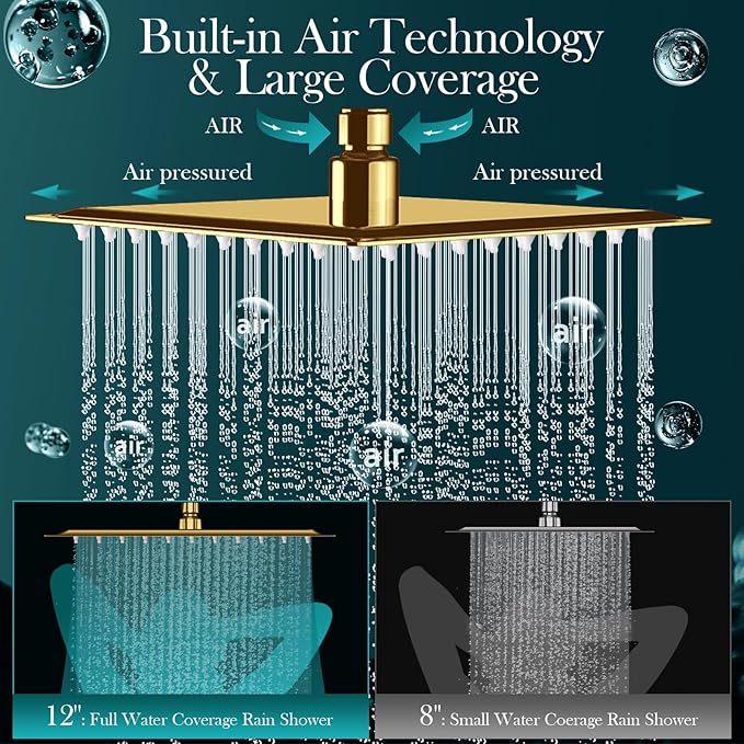 12'' Gold Rain Shower Head, High Pressure Rainfall Shower Head with 16 inch Adjustable Extension Arm，Flexible Adjust Height and Angle, 5 Setting Spray Handheld Shower Head, Anti-leak