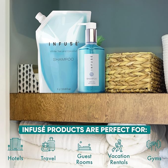 INFUSÉ 1 Liter Shampoo Refill Bag For Soap Dispensers | Bulk Toiletries for Vacation Rentals, and Home Bathroom Showers | White Tea and Coconut | Single