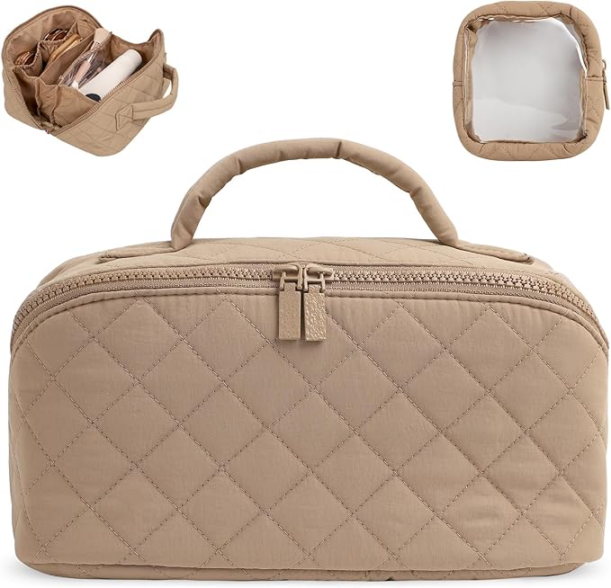 RunaFun Travel Makeup Bag for Women, Puffer Quilted Open Flat Makeup Organizer with Toiletry Bag, Portable Cosmetic Case for Travel & Daily Use, Brown