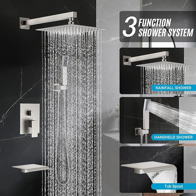 IUERASD Rain Shower Faucet Set Wall Mounted Rainfall with Tub Spout Shower Head System Rough-in Valve Body and Trim Included Brush Nickel (10 Inches)