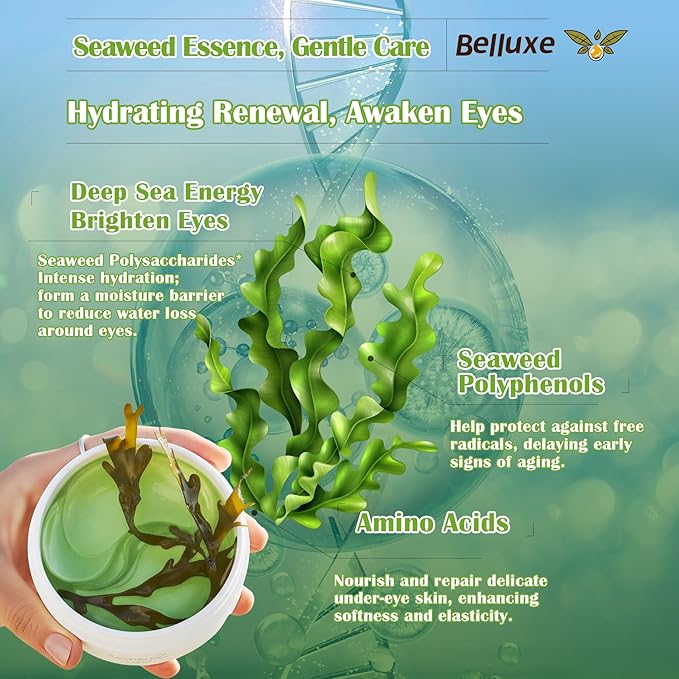 Belluxe Under Eye Patches - Hydrogel Eye Mask for Dark Circles & Puffy Eyes, Korean Collagen Eye Gel Patches with Seaweed, Intense Hydrating Care