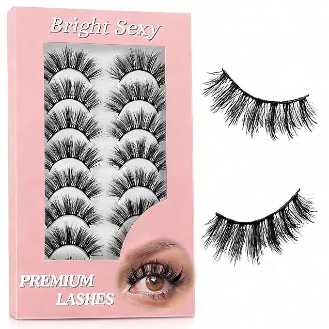 False Eyelashes Manga Anime Lashes, Wispy Volume Fake Lashes, Invisible Band for Cosplay, 8 Pairs Faux Mink Natural Look Spiky Eyelash Strips 17MM (Bright Sexy)