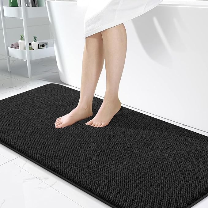 OLANLY Thick Memory Foam Bath Mat Rug 50x30, Extra Soft Absorbent Bathroom Rug, Quick Dry Bath Mats, Non-Slip, Machine Washable Carpet for Bathroom, Tub and Shower, Home Decor Accessories, Black