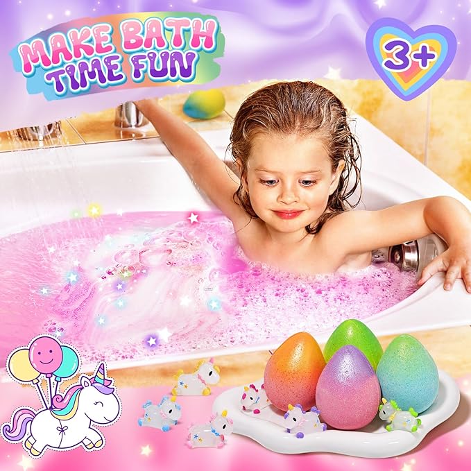 Unicorn Bath Bombs for Girls with Toys Inside, Natural Organic Bath Bombs Gift, Girls Valentines Day Gifts, Birthday Easter Gifts for Girl Easter Basket Stuffers Egg Fillers