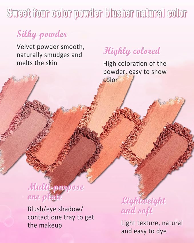 Matte Face Blush Palette Kit with Brush-4 Color Pink Plum Orange Silky Mineral Blendable Blusher Contour Powder for Cheek,Longlasting Facial Beauty Valentine's Women’s Day Makeup Gift for Women-01