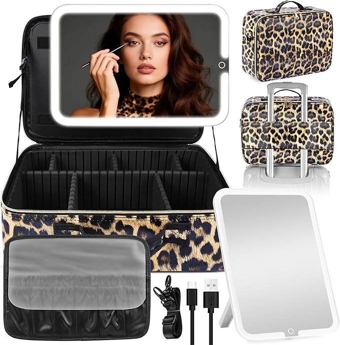 JJhxr 15''X11'' Makeup Bag with Removeable Lighted Mirror, Travel Makeup Case with 3 Color Lights Dimmable Brightness, Large Capacity Cosmetic Organizer Case with Detachable Dividers & Shoulder Strap
