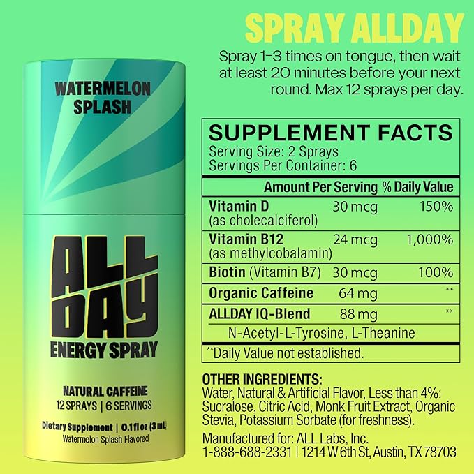 ALLDAY Caffeine Spray, Promotes Focus and Energy (Variety Pack, 4 Bottles, 48 Sprays) | 32mg Natural Caffeine per Spray | Pocket-Size Energy Shot with L-Theanine, Vitamin B12, & Vitamin D