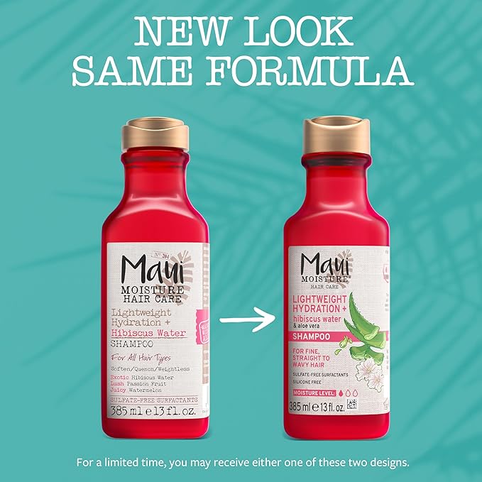 Maui Moisture Lightweight Hydration + Hibiscus Water Shampoo, Moisturizing Aloe Vera Shampoo Softens Curly Hair, Vegan & Sulfate-Free Surfactants, 13 Fl Oz (Pack of 2)