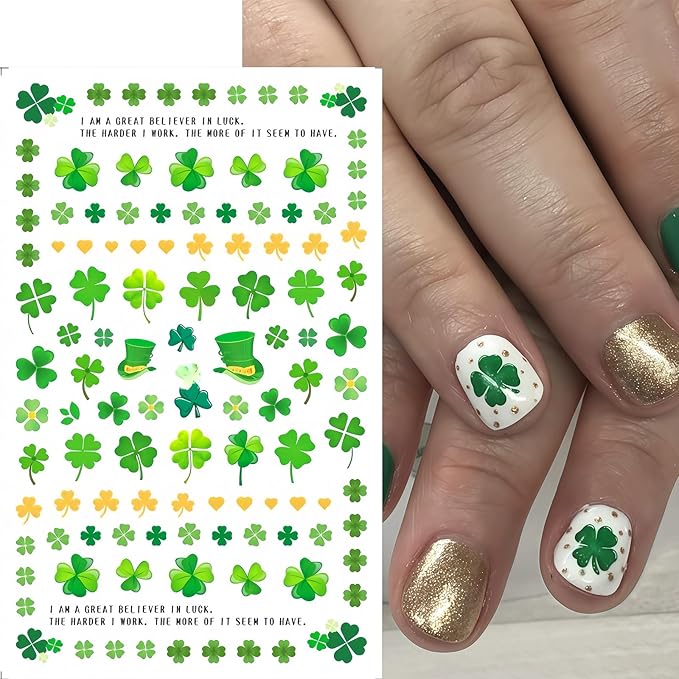 8 Sheets St. Patrick's Day Nail Art Stickers Green Shamrock 3D Self-Adhesive Nail Decals Four Leaf Clover Nail Supplies Lucky of Irish Spring Summer Lucky Leaf Nail Decor for Women Manicure DIY