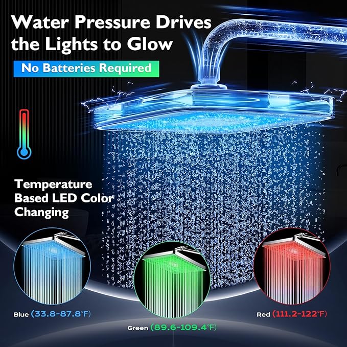 PinWin Shower Head, 8'' Dual Rain Shower Head with 11'' Adjustable Extension Arm, 7-Setting High-Pressure Handheld Combo, Rainfall LED Shower Head Water Temperature Controlled Color Changing,Chrome