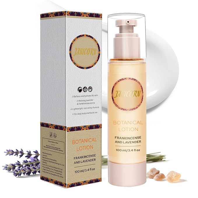 JANICORN Frankincense & Lavender Aromatherapy Body & Massage Lotion, Hydrating Moisture with a Warm Resinous-Floral Essential Oil Aroma for a Gentle Self-Care Experience, 3.4 fl oz / 100 ml