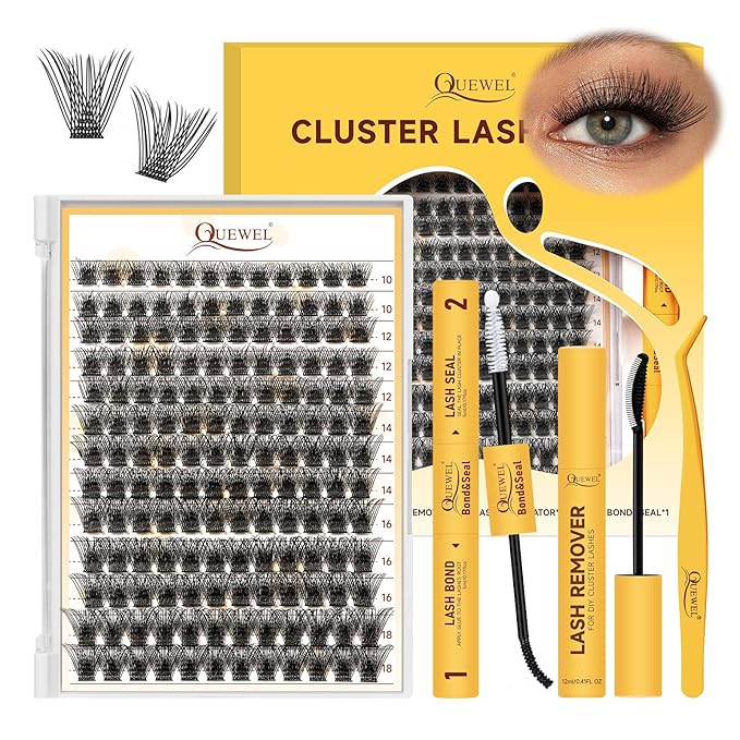 QUEWEL Lash Clusters Kit, 156 PCS Eyelash Clusters Kit D Curl Cluster Lahses Kit Include Mix10-18mm Lash Clusters Lash Bond and Seal Lash Tweezers Lash Cluster Glue Remover(QUBM-MIX10-18)