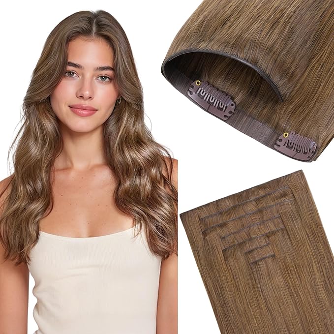 GOO GOO Invisi Edge Clip in Hair Extensions 14inch 110g 7Pcs Injected Seamless PU Clip in Hair Extensions, Virgin Real Human Hair, 5 Light Ash Brown
