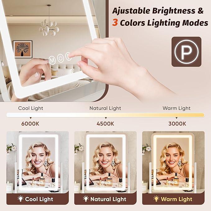 Vanity Mirror with Lights, 18"x14" Hollywood Lighted Makeup Mirror for Tabletop & Bedroom 3 Color Lighting Modes Smart Touch Control 360° Rotation Detachable