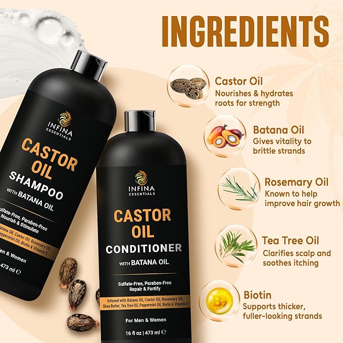 INFINA ESSENTIALS Castor Oil Shampoo and Conditioner Set | 16 fl oz Each | with Batana Oil | Strengthening, Thickening & Hydrating Formula | Supports Hair Growth & Fuller, Healthier Hair