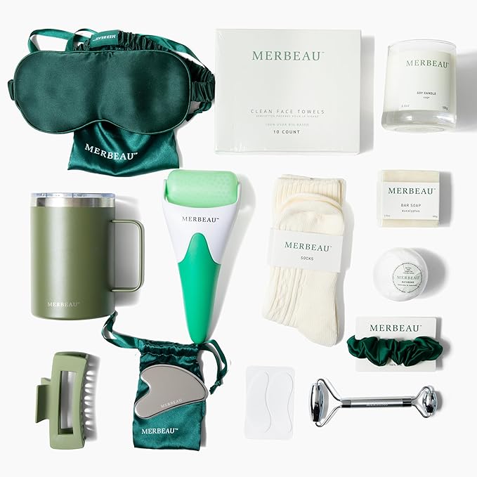 Merbeau Luxury Self Care 13 Piece Gift Set – Non-Toxic, Clean Ingredients, Naturally-Scented Essential Oils, Candle, Socks, Bar Soap, Bath Bomb, Clean Towels, Hair Clip, Tumbler & More – Spa Kit, NEW