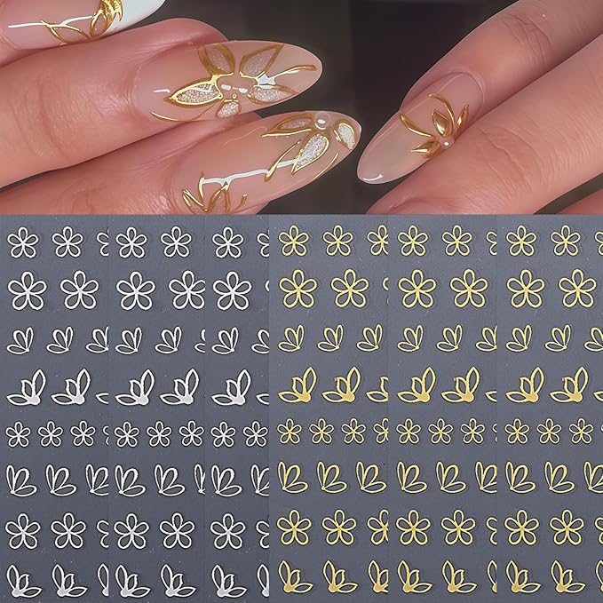 6Pcs Gold Nail Art Stickers 3D Metallic Silver Floral Leaf Nails Decals Flower Petal Nails Design Nail Supplies Nails Sticker Floral Manicure Decorations for Women Spring DIY Manicure Accessories