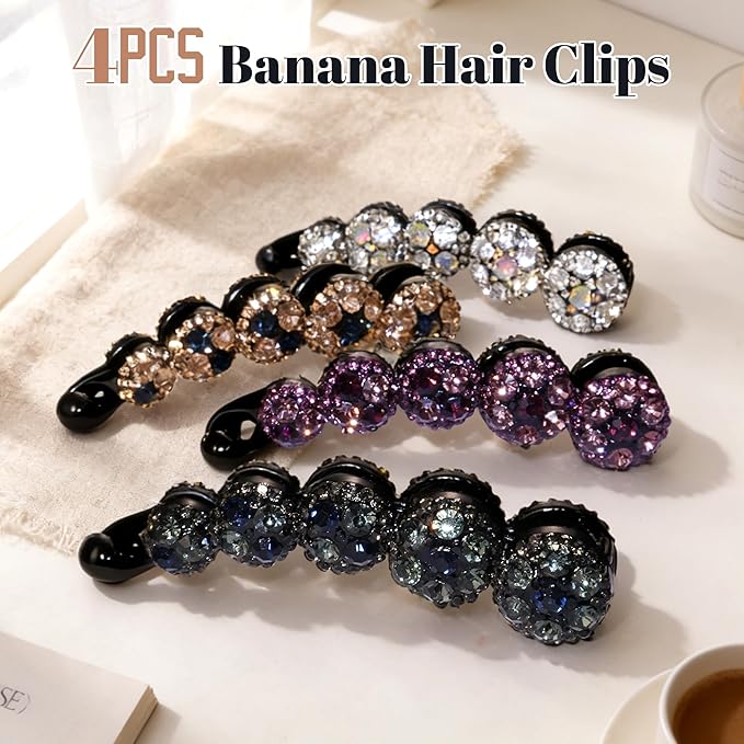 4 Pack Sparkly Rhinestone Banana Hair Clips for Fine/Medium Hair, 3.9 Inch Crystal Ponytail Holder, Bling Hair Combs for Half-Up Styling, Elegant Gemstone Accessories (Multicolor)