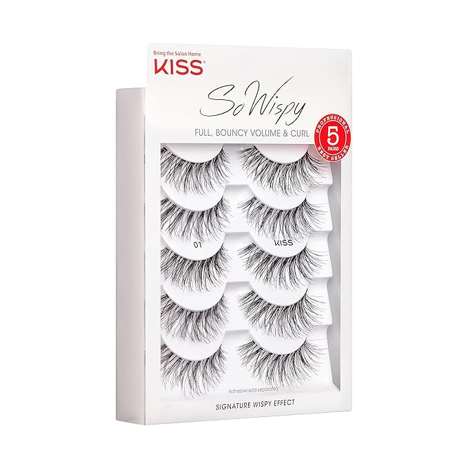 KISS So Wispy, False Eyelashes, 'Style #01', 14mm, Includes 5 Pairs Of Lashes, Easy to Apply, Reusable Lash Clusters
