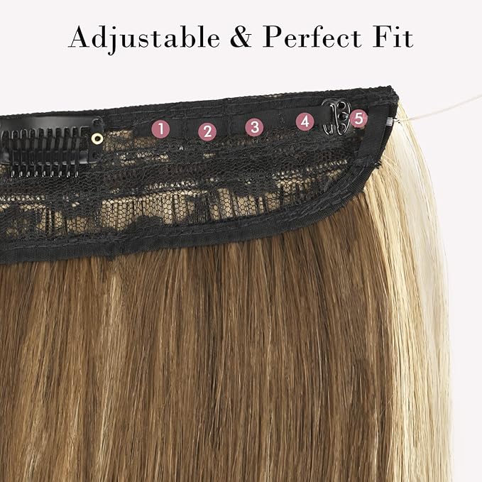 REECHO Invisible Wire Hair Extensions with Transparent Headband Adjustable Size Removable Secure Clips in Straight Secret Hairpiece for Women (Chocolate Brown with Golden Blonde Highlights)
