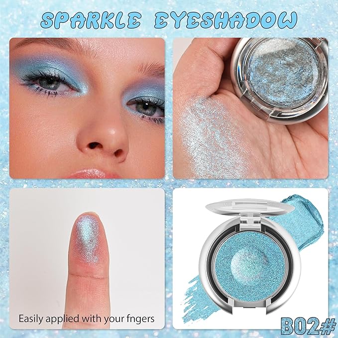 Glitter Eyeshadow,Multichrome Holographic Blue Shimmer Eye Shadow,Chameleon High Pigmente Sparkly Shadows Palette，Iridescent Metallic Eye Highlighter，Makeup for Rave，LongWear,02#
