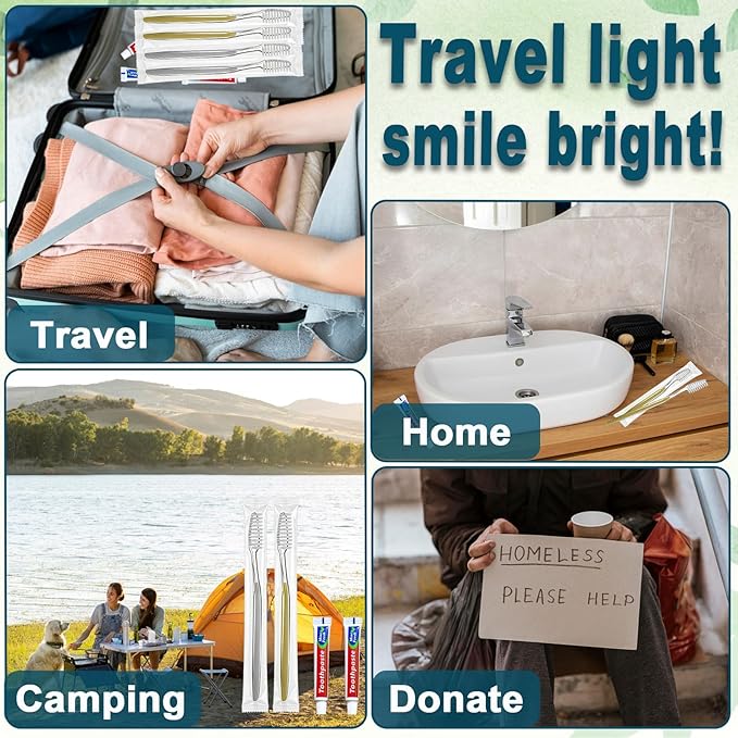 50pcs Disposable Toothbrushes with Toothpaste Individually Wrapped, 2 Color Disposable Toothbrush, 10g Toothpaste, Bulk Toothbrush Kit for Travel,Homeless,Hotel,Charity