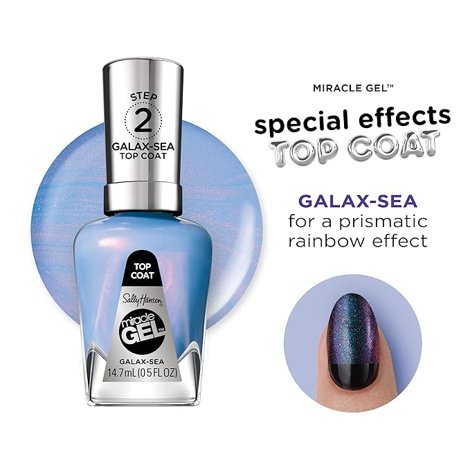 Sally Hansen Miracle Gel Nail Polish Special Effect Top Coat | Salon Quality, Gel-Like Formula, Two-Step System, No UV Light Needed, Long Lasting | 113 Galax-sea | Sheer Glittery Blue Nail Color