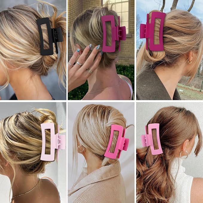 4 Inch Big Hair Claw Clips 6 Pcs Large Claw for Thick Hair Square Hair Clips for Women Rectangle Hair Clips Nonslip Acrylic Banana Jaw Clips Hair Accessories for Girls (Pink Purle)