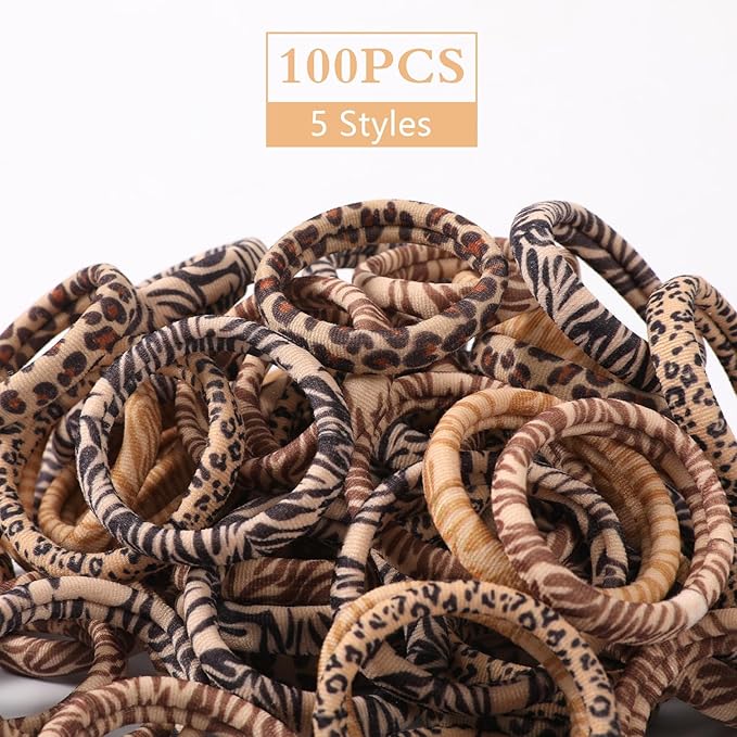 Bessrung 100PCS Seamless Elastic Hair Ties for Women Girls, No Damage Ponytail Holders for Thin Thick Hair, Leopard Animal Print Hair Bands for Women's Hair, Hair Accessories for Valentine's Day Gift