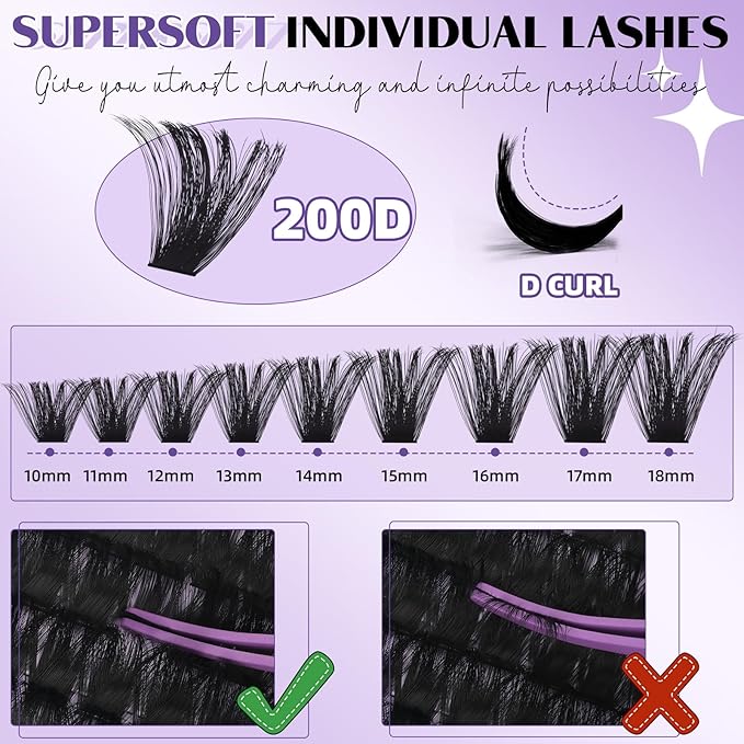 B&Q Fluffy Lash Clusters Thick 200D, Volume Eyelash Clusters 10-18mm, D Curl Cluster Eyelash Extensions, Supersoft Individual Lashes Wispy Cluster Lashes Dramatic Full Look Eyelash（200D）