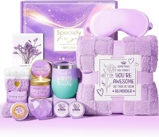 Birthday Gifts for Women, Self Care Get Well Soon Gift Baskets for Women, Lavender Relaxing Spa Gift Care Package w/ Blanket, Unique Valentines Day Gifts Idea for Her Wife Girlfriend Mom Friend Sister