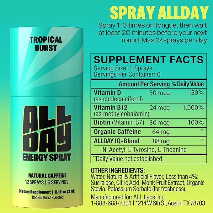 ALLDAY Caffeine Spray, Promotes Focus and Energy (Variety Pack, 8 Bottles, 96 Sprays) | 32mg Natural Caffeine per Spray | Pocket-Size Energy Shot with L-Theanine, Vitamin B12, & Vitamin D
