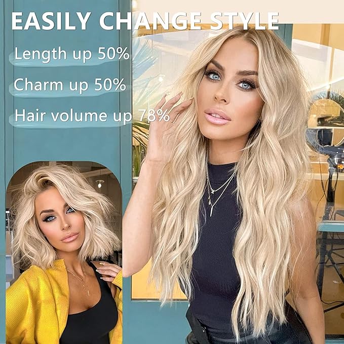 ALXNAN Clip in Hair Extension,Long Wavy Blonde Hair Extensions, 20 Inch 4PCS Thick Hairpieces Fiber Double Weft Hair for Women
