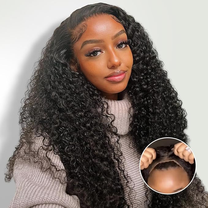 Wear and Go Kinky Curly Glueless Wig Human Hair, 6x4 Pre-Cut HD Lace Glueless Wigs Pre-Plucked, Transparent No Glue Lace Front Closure Wigs for Women 200% Density 28 inch