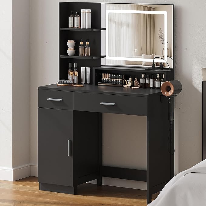 Vanity Desk with LED Mirror and Lights, Makeup Vanity Table with Power Outlet, Drawers, Cabinet, Dressing Table with Open Storage Shelves for Bedroom, Dressing Room, Black