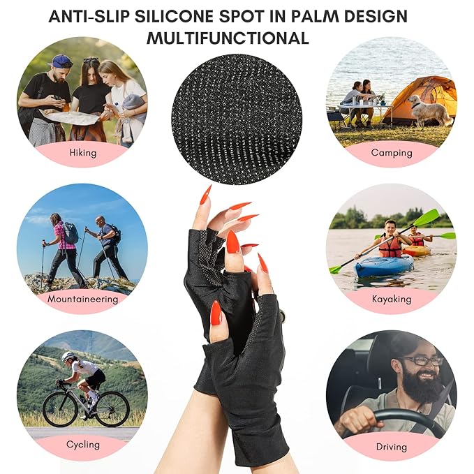 Makartt UV Gloves for Gel Manicures - Professional UPF50+ Protection Gloves for Women Men Fingerless Stretchy Farbric Protect Hands from UV Harm, Black