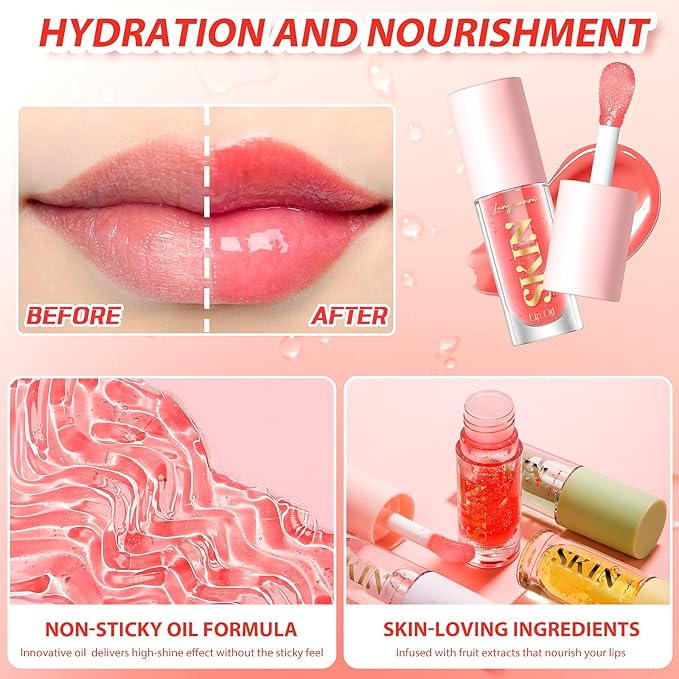Big Brush Head Hydrating Lip Glow Oil Plumping Lip Tint, Hydrating Lip Gloss Tinted Lip Balm Transparent Lip Care, Long Lasting Nourishing Non-sticky Fresh Texture (Raspberry)