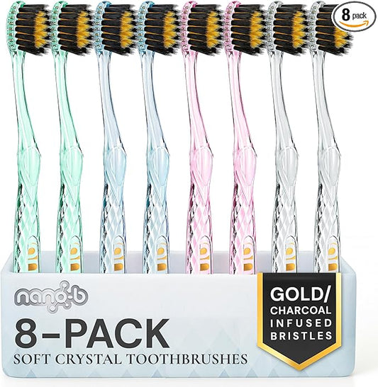 Nano-b Manual Toothbrush Set for Adults with Sensitive Gums, Gold & Charcoal Soft/Medium Bristles, Travel Cases, Blue, Pink, Green, Crystal, 8-Pack