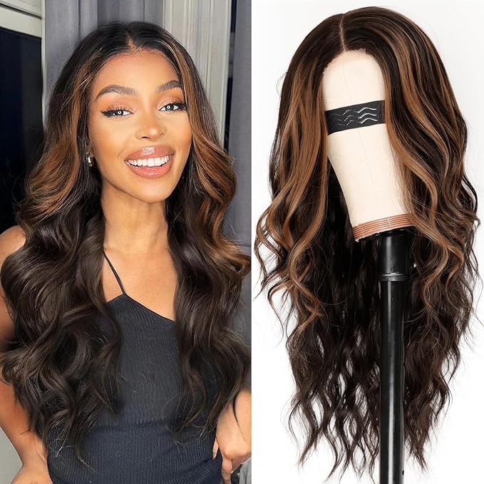 AISI HAIR Dark Brown with Highlights Wig for Women, Long Wavy Lace Hairline Middle Part Synthetic Heat Resistant Wig for Daily Party-26 Inch