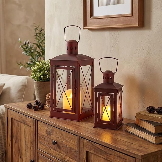 TRIROCKS Set of 2 Decorative Candle Lantern 14 & 10'' High Metal Candle Holder Hanging Lantern Perfect for Home Decor Patio Living Room Parties Events Tabletop Indoors Outdoors (Red)