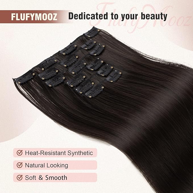 FLUFYMOOZ 6PC Clip in Hair Extensions 24" Straight Long Extensions for Women Synthetic Hairpiece (Black Brown)