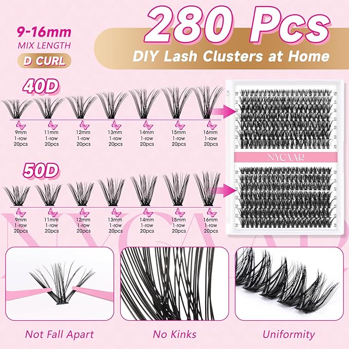 DIY Lash Extension Kit 280Pcs Individual Eyelash Extension Kit 40D50D 0.07D Curl 9-16MIX Lash Clusters Kit with Lash Glue Remover Applicator Easy to Use for Beginners