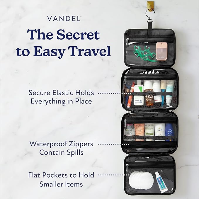 VANDEL Waterproof Hanging Toiletry Bag for Travelling, Hanging Makeup Organizer Bag, Cosmetic Travel Bags for Women, Makeup Case Toiletries Organizer Hygiene Bathroom Shower Caddy - Black