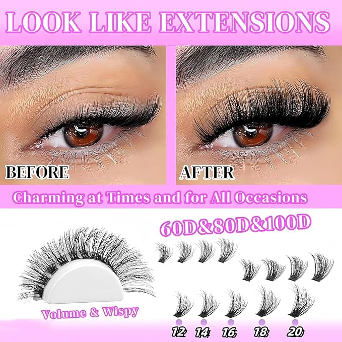 Lash Clusters Kit with 2X Bond&Seal 3 Styles 760Pcs Clusters Lashes Extension Volume Soft Eyelash Extension Kit 80D+100D D Curl Wispy Natural DIY Individual Lash Clusters Kit Box for Beginners