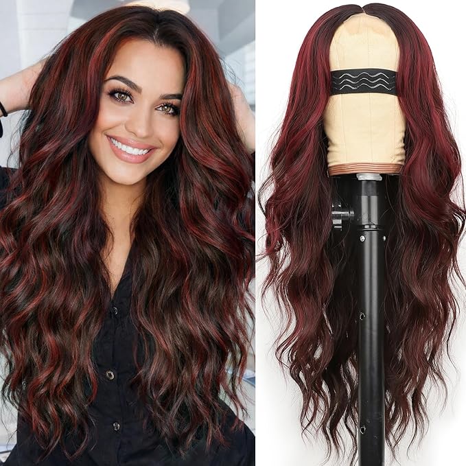 AISI HAIR Wig for Women, Long Wavy Brown Mixed Red Lace Hairline Middle Part Synthetic Heat Resistant Wig for Daily Party-26 Inch