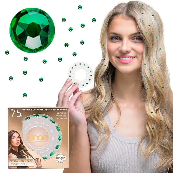 blinger® Shimmer Crystal Refill Pack – as seen on Shark Tank | 5 Discs – 75 Precision-Cut Glass Crystals | Hair-Safe Accessories | Styling Tool Not Included| Emerald 4 mm