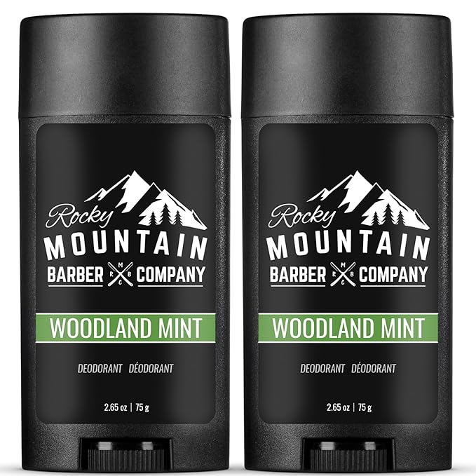 Natural Deodorant for Men – 2 Pack - Aluminum Free - Made in USA with Simple, Plant-Based Ingredients & Peppermint Essential Oil – Woodland Mint Scent – 2.65 oz each by Rocky Mountain Barber Company