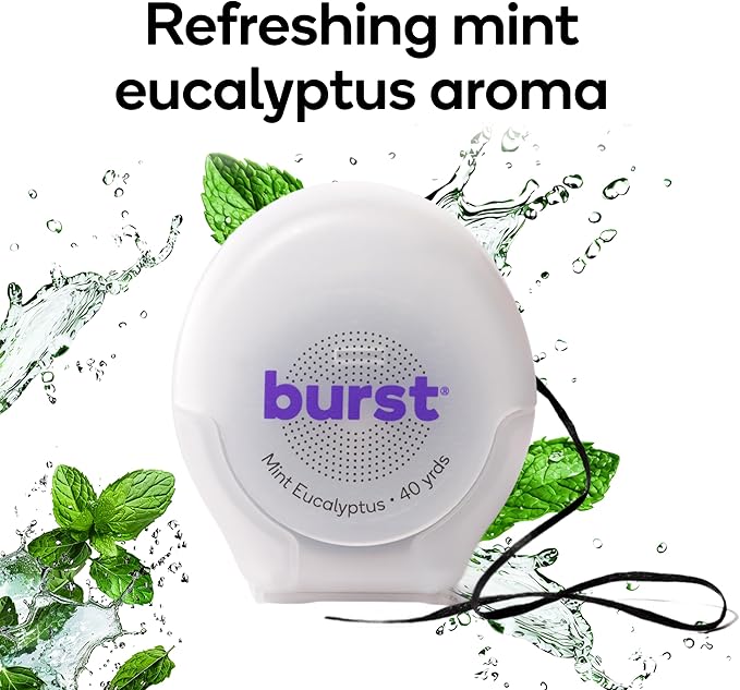 BURST Expanding Dental Floss (Mint Eucalyptus/240 Yards) | Stain Absorbing & Woven Teeth Floss with Xylitol Coating to Fight Cavities | Vegan | Paraben Free Expanding Floss