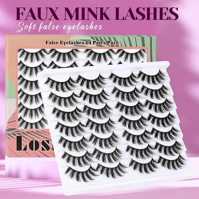 Losha Eyelashes Natural Look Faux Mink Lashes Pack Handmade Fluffy False Eyelashes 14 Pairs Eye Lashes (3D07)